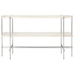 TS console 120x30x72 polished steel neutral white travertine