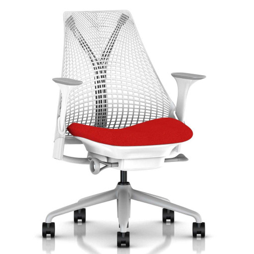 Sayl bureaustoel wit met rood zitkussen, onderstel fog