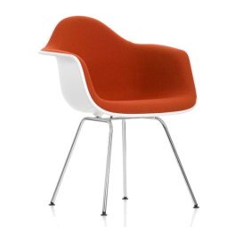 Eames DAX gestoffeerde stoel, bekleding rood/cognac. kuip wit