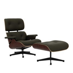 Eames Lounge chair en Ottoman Walnoot donker (nieuwe afmeting) zwart gepolijst onderstel/zitting Premium leer Khaki