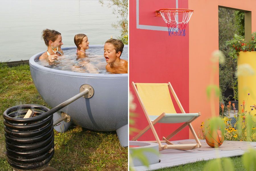 Een combinatie van activiteit en ontspanning breng je eenvoudig aan door bijvoorbeeld een basketbalnet te plaatsen en een buitenbad- of douche.